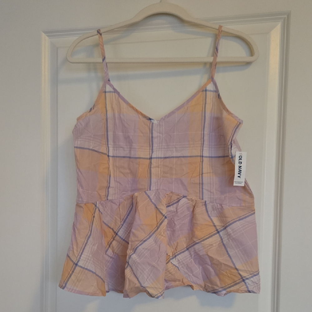 Old Navy Lavender & Peach Plaid Peplum Cami Top